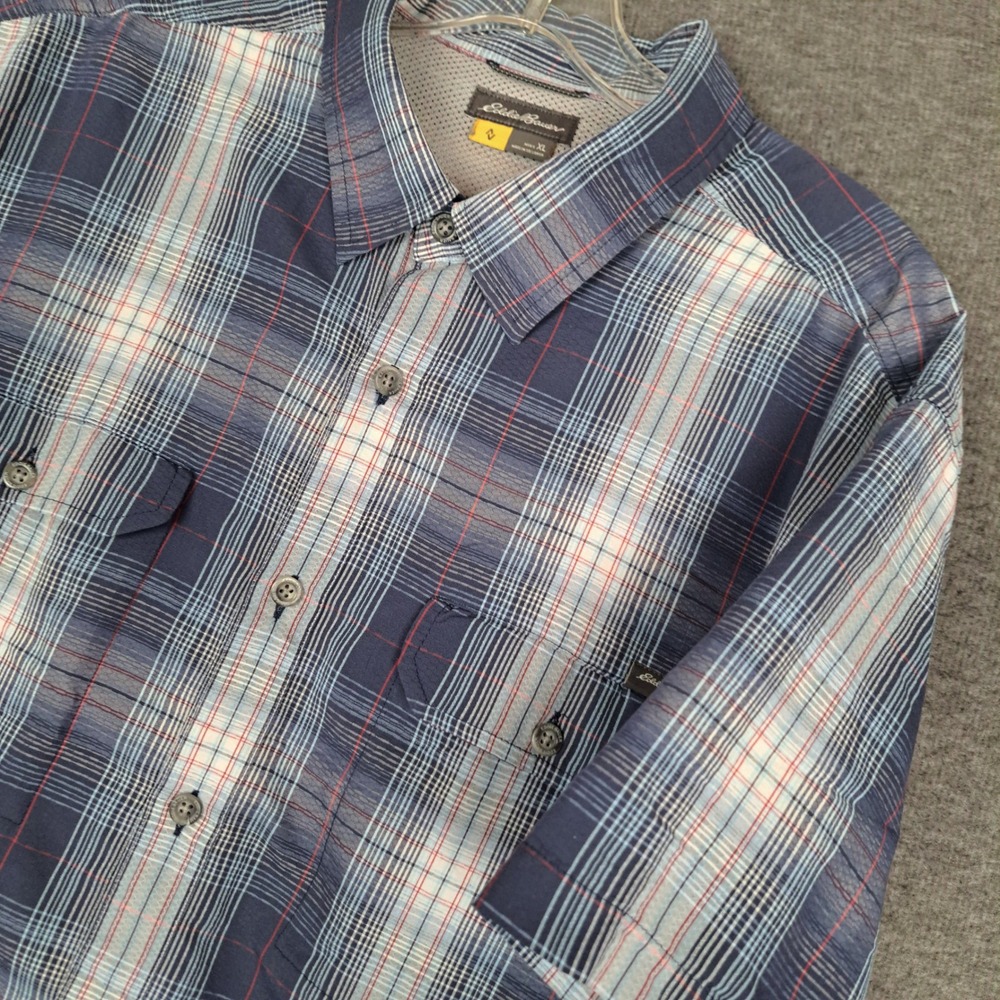 Eddie Bauer Travex Button Front Men XL Blue Plaid Short Sleeve Mesh Yoke Hiking